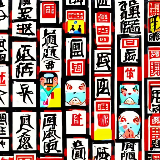 Image similar to a chinese prison, in the style of daniel johnston and outsider art, 8 k, line brush, minimal, brightly coloured, flat blocks of color, overlaid with chinese adverts
