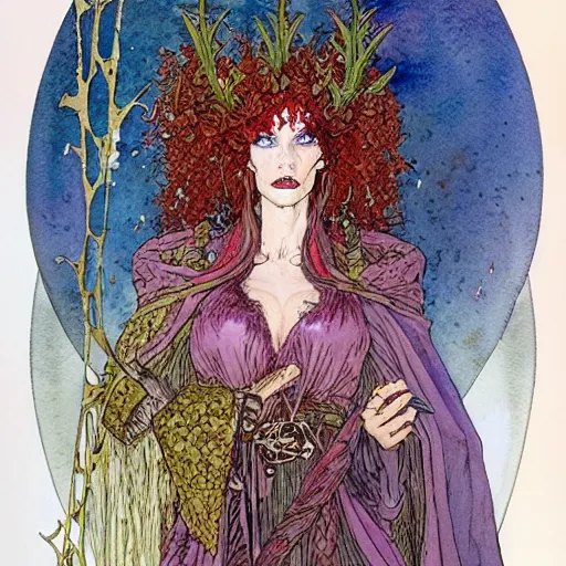 Prompt: a realistic and atmospheric watercolour fantasy character concept art portrait of a freckled incredibly beautiful woman in 8 0 s haute couture fashion clothes as a druidic warrior wizard looking at the camera with an intelligent gaze by rebecca guay, michael kaluta, charles vess and jean moebius giraud