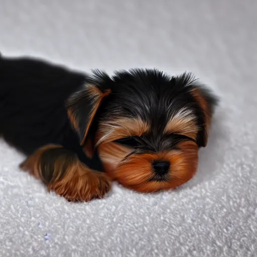 Image similar to digital painting of a cute adorable yorkie puppy asleep on a soft white blanket