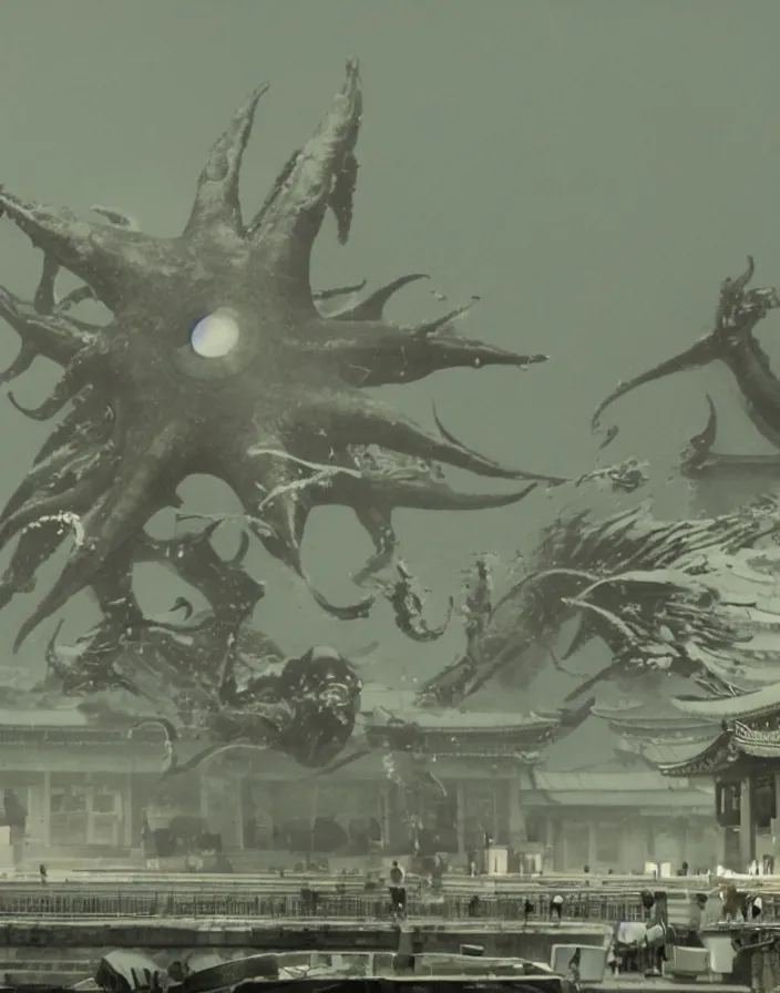 Image similar to a filmstill of a north korean monster movie, kaiju - eiga monster starfish - like trampling a traditional korean palace, foggy, film noir, video compression