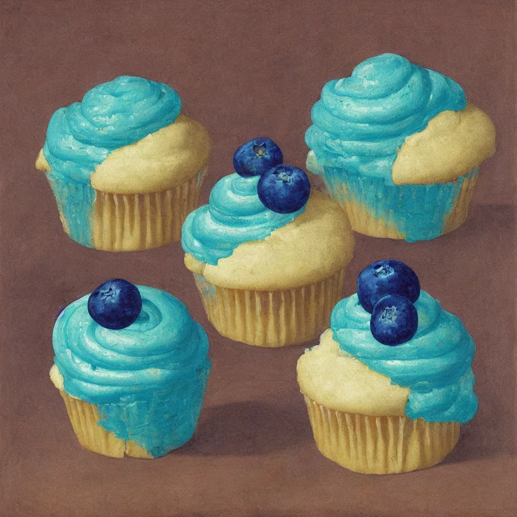 Prompt: portrait of a blueberry cupcake. lapis lazuli, malachite, turqouise, gold. painting by piero della francesca, balthus, agnes pelton