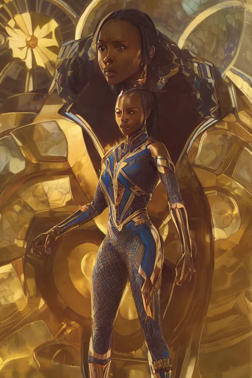 Image similar to wakanda suit queen global illumination ray tracing hdr fanart arstation concept art, matte, art by wlop and artgerm and greg rutkowski and alphonse mucha