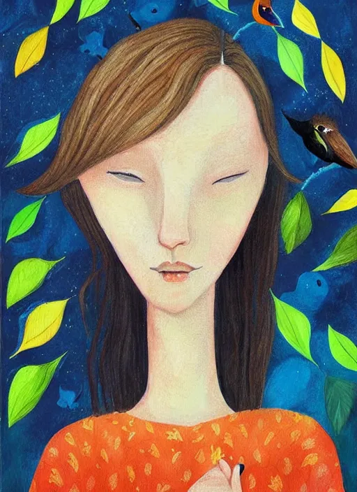 Image similar to a wonderful childrens illustration book portrait painting of a woman, art by tracie grimwood, colorful, trees, leaves, birds, whimsical, aesthetically pleasing and harmonious natural colors