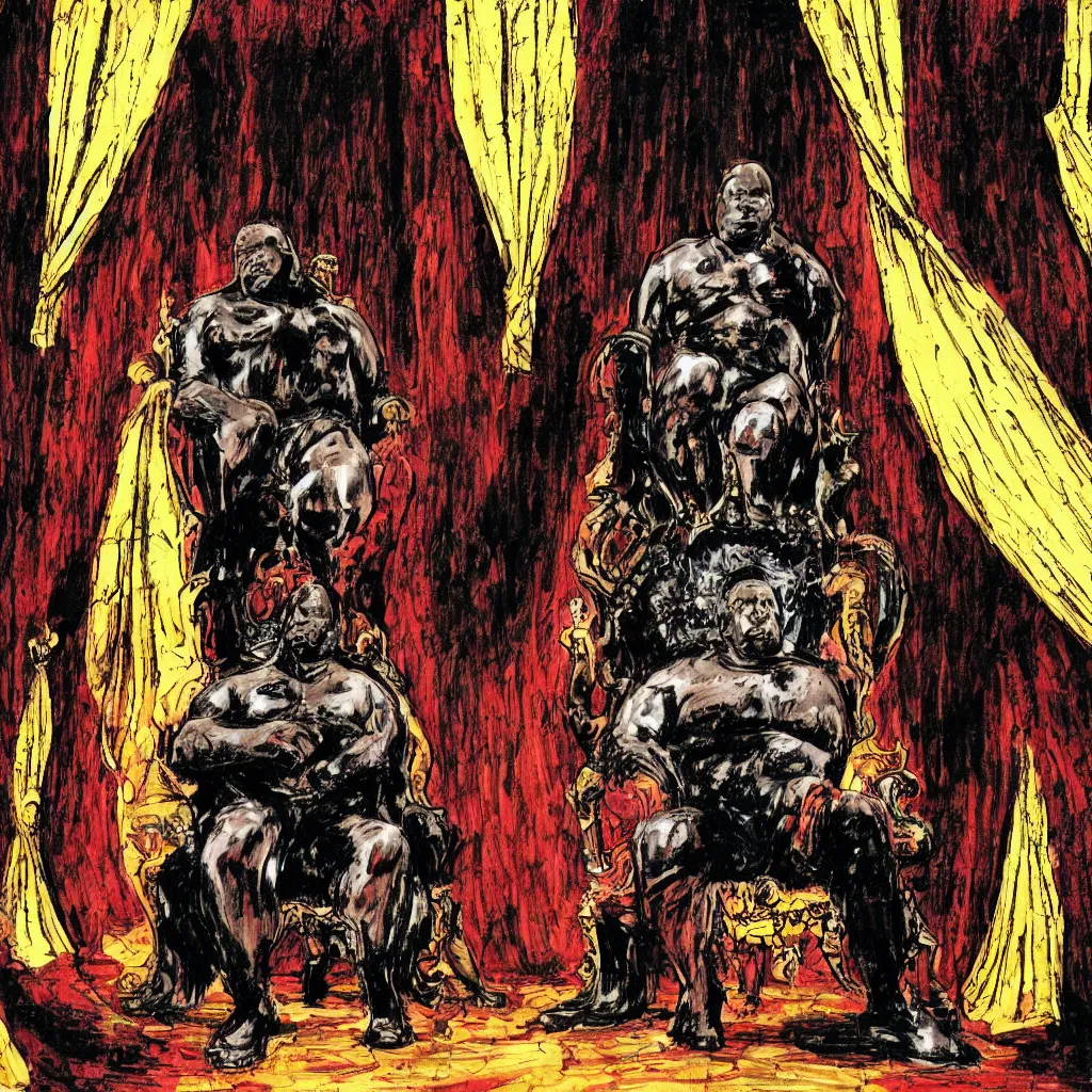 Image similar to style of frank miller, big black man sitting on throne, background made of big curtains