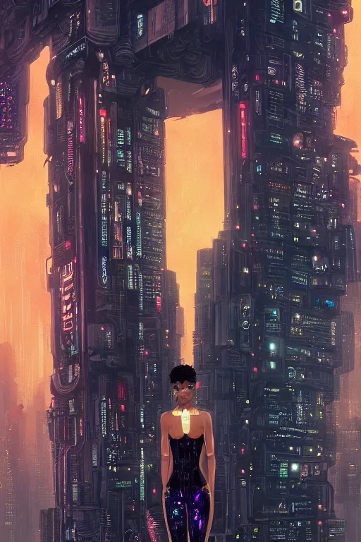 Image similar to a beautiful young black woman, cyberpunk, blade runner city background, anime, highly detailed, artstation, illustration, art by gustav klimt