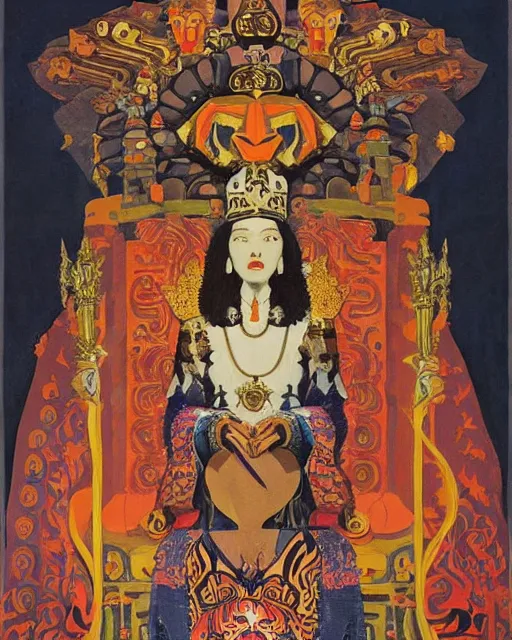 Image similar to a polish poster art representing a portrait of a queen on a carved stone throne by nicholas roerich, by gustave moreau, by james hawe, by yoshitaka amano, by georgia o keeffe, oil painting