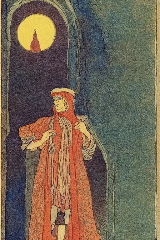 Prompt: illustration by Edmund Dulac showing Samuel Beckett as arabian sorcer, 1001 nights