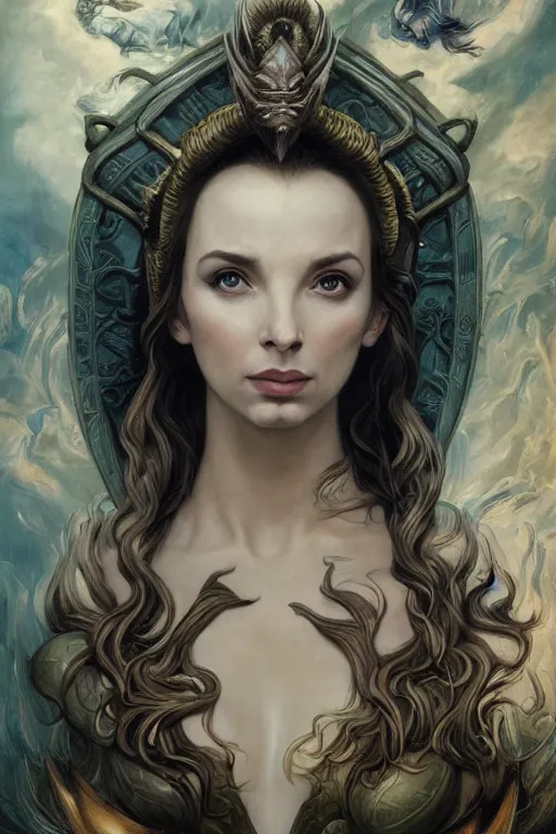 Image similar to A fantasy comic book style portrait painting of Jodie Comer, as an Atlantean Reptilian Warrior, François Boucher, Oil Painting, Mystical Valkyrie, unreal 5, DAZ, hyperrealistic, octane render, Regal, Refined, Detailed Digital Art, RPG portrait, William-Adolphe Bouguereau, Michael Cheval, Walt Disney (1937), Steampunk, dynamic lighting, Highly Detailed, Cinematic Lighting, Unreal Engine, 8k, HD