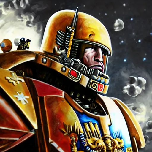 Prompt: Emmanuel macron, in Space Marine armor from Warhammer 40k, high detail, realistic, art by digital art