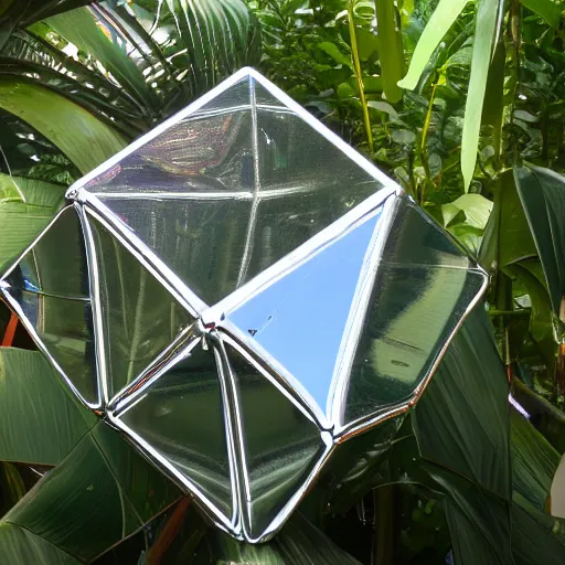 Prompt: high quality dslr photograph of a highly reflective chrome octahedron in a tropical greenhouse. super resolution. Extremely detailed