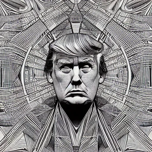 Prompt: Geometrically surreal Trump, extremely high detail, photorealistic, intricate line drawings, dotart, album art in the style of James Jean