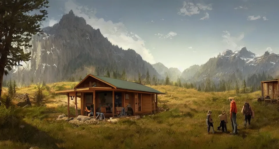 Image similar to cabela's beautiful comfortable community of modular insulated wall container home kit - house all weather family dwelling tent house, person in foreground, mountainous forested wilderness open fields, beautiful views, painterly concept art, environmental concept art, concept art illustration, by james gurney, by craig mullins, by greg rutkowski trending on artstation