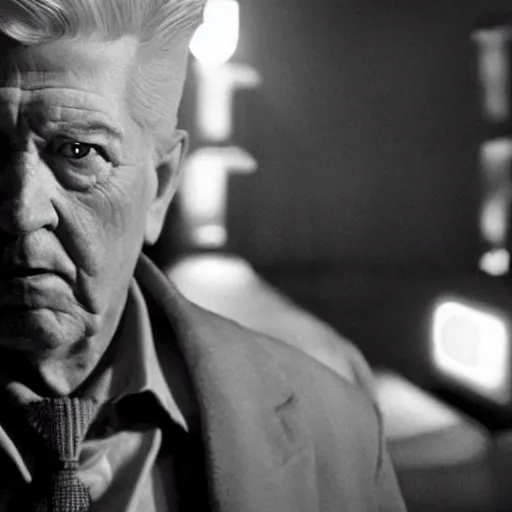 Image similar to movie still of a villain, facial expression, cinematic composition, cinematic light, surreal cinema, by david lynch,