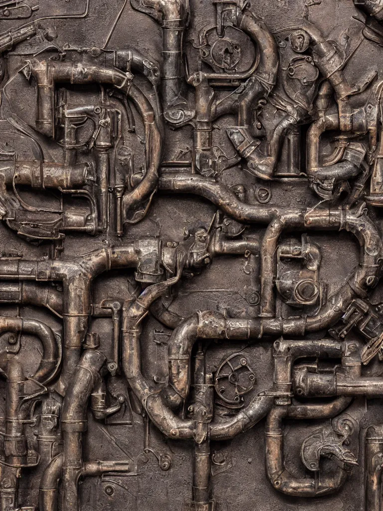 Image similar to relief sculpture carving in rusted steel of machine guns, industrial pipes, shotguns, revolvers, bullets, valves, dramatic lighting, hyperrealistic, ultrarealistic, intricate details, 4k