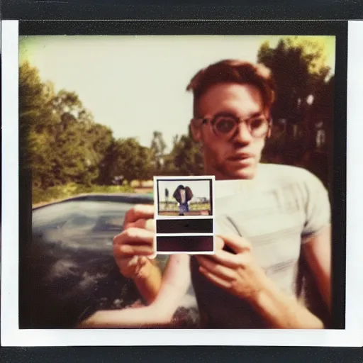 Image similar to polaroid inception, picture of a polaroid taking a polaroid with a polaroid, detailed, intricate, vintage