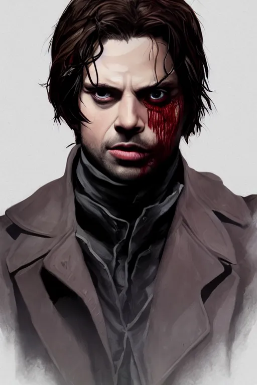 Image similar to sebastian stan in sleepy hollow, full body, big two toned eyes, teeth gritted, horror, intricate details, cinematic, epic, realistic, anatomy, tomer hanuka, uplight, artstation, photorealistic, scary