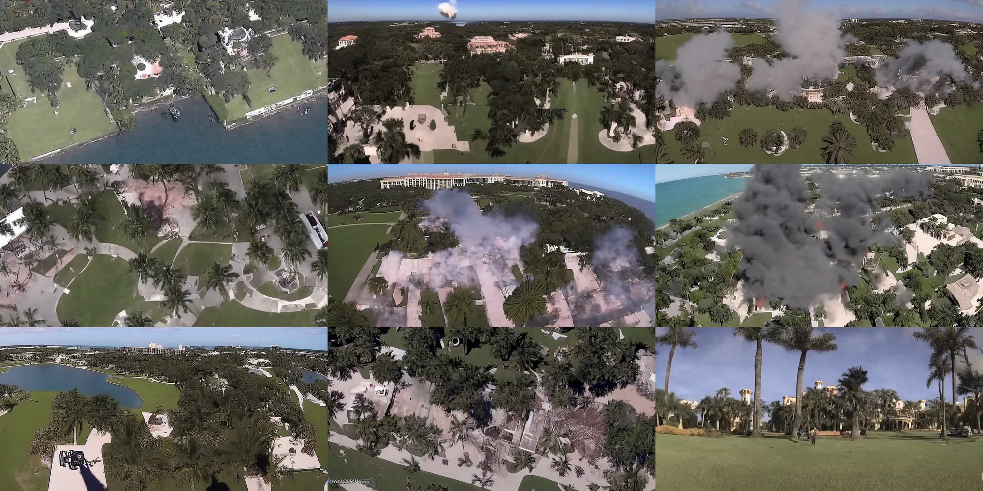 Prompt: gopro footage of a predator drone strike on mar - a - lago, smoke and debris