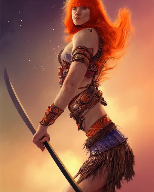 Prompt: female warrior with katana wearing patterned halter top, perfect face, ginger hair, abs, cinematic, stunning, cute, adorable, athletic, strong, agile, highly detailed, psychedelic, digital painting, artstation, smooth, hard focus, illustration, art by jessica rossier and and brian froud