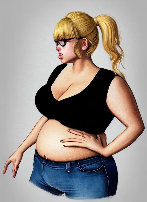 Image similar to full body portrait, teenage betty cooper, blonde hair, obese, bangs, ponytail, sultry, realistic, sultry smirk, fluffy bangs, curly bangs, fat, belly, beautiful girl, intricate, elegant, highly detailed, digital painting, artstation, concept art, smooth, sharp focus, illustration, art by wlop, mars ravelo and greg rutkowski