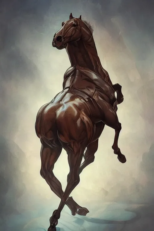 Image similar to splash art of a monstrously buff and muscular anthropomorphic horse at a research facility donned in a power - restricting bodysuit, highly detailed, digital painting, trending on artstation, concept art, sharp smooth focus, illustration, art by artgerm and greg rutkowski and alphonse mucha