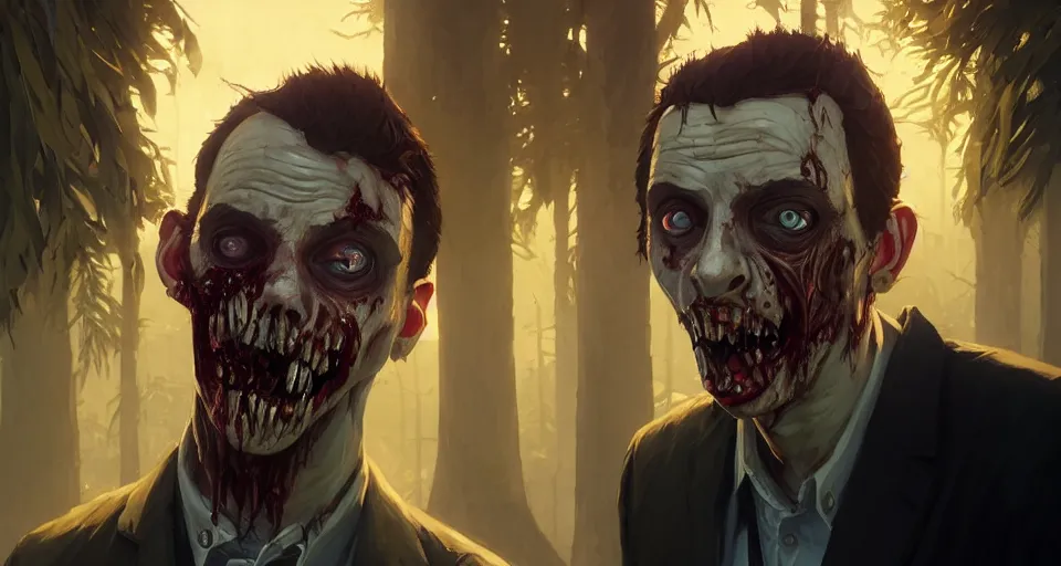 Image similar to highly detailed portrait waiter zombie in gta v, stephen bliss, unreal engine, fantasy art by greg rutkowski, loish, rhads, ferdinand knab, makoto shinkai and lois van baarle, ilya kuvshinov, rossdraws, tom bagshaw, global illumination, radiant light, detailed and intricate environment