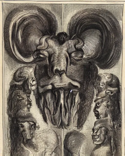 Image similar to a creature with four heads. one human head, second eagle head, third lion head, fourth ox head. drawn by francis bacon