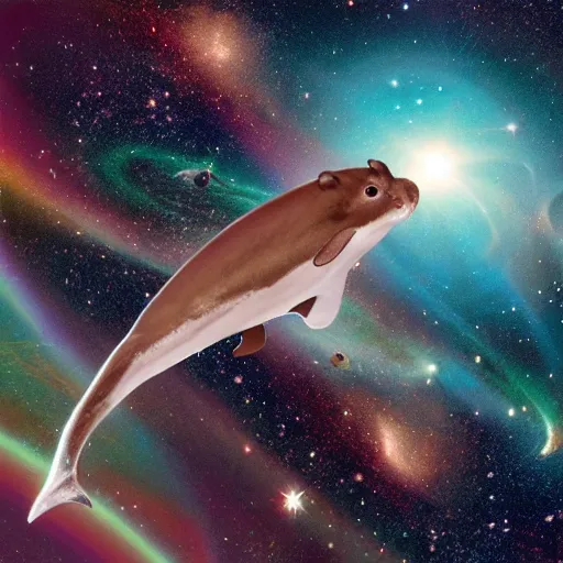 Image similar to a space photograph of a hamster riding a dolphin on a cosmic rainbow