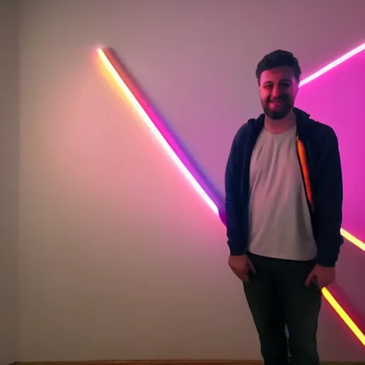 Prompt: a daytrader named jay standing proudly in front of triangular nanoleaf led lights on his wall