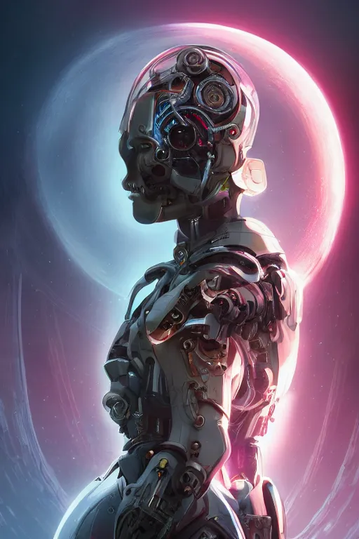 Image similar to detailed portrait of a cyborg, necromancer, benevolent, scifi, futuristic, beautiful girl, elegant cape, glow, concept art, sharp focus, inside a space ship, trending on artstation, intricate, advanced technology, art by roman makarenko and simon almeida and marcos melco