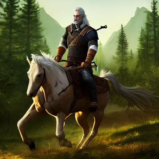 Image similar to Geralt of Rivia riding a horse in forest, 4k, artstation, cgsociety, award-winning, masterpiece, stunning, beautiful, glorious, powerful, fantasy art