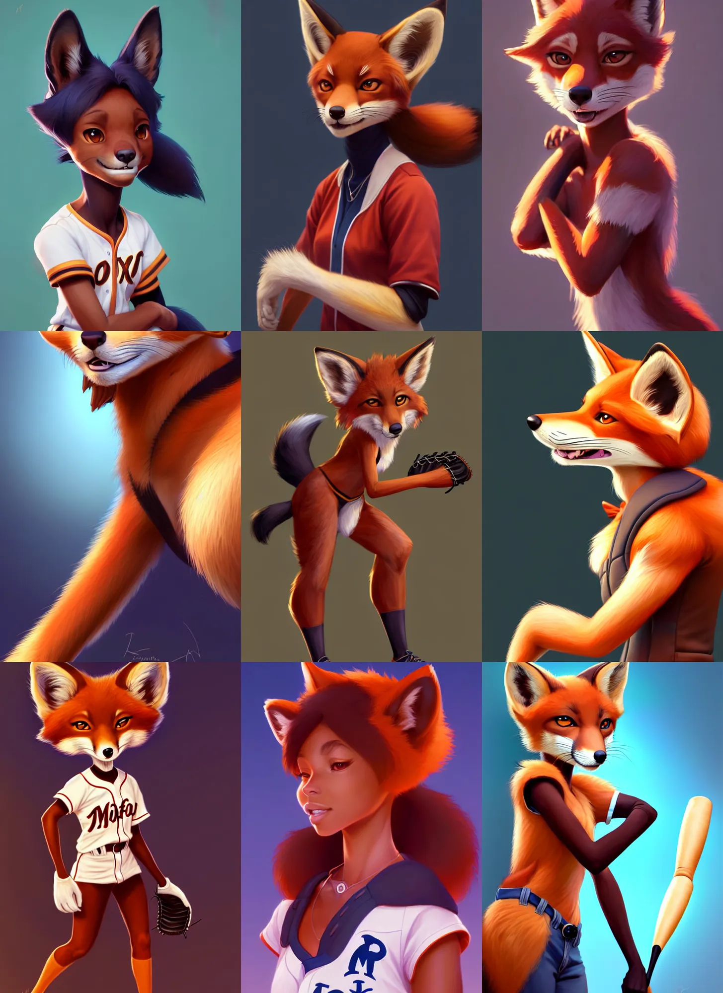 Prompt: beautiful portrait of a female anthropomorphic melanated fox fursona baseball player. character design by disney, charlie bowater, ross tran, artgerm, and makoto shinkai, detailed, soft lighting, rendered in octane