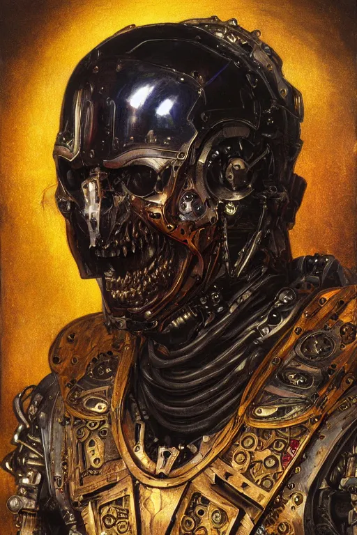 Image similar to portrait of demonic gothic Tom Cruise in mechanical armor, cyberpunk, Warhammer, highly detailed, artstation, illustration, art by Gustav Klimt