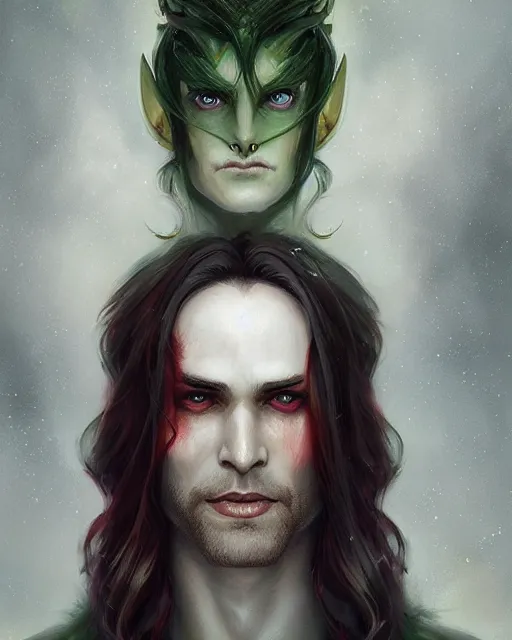 Image similar to a detailed matte oil on canvas head on symmetrical portrait of a handsome elven man grinning, with long red hair, green eyes, and an eye patch, art by charlie bowater and lise deharme wlop, trending on artstationhd, dungeons and dragons art critical role