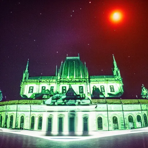 Prompt: ufo alien spaceship landing at the ( ( ( ( prague castle ) ) ) ) during the night, large flying saucer, dslr photography, aliens, volumetrics