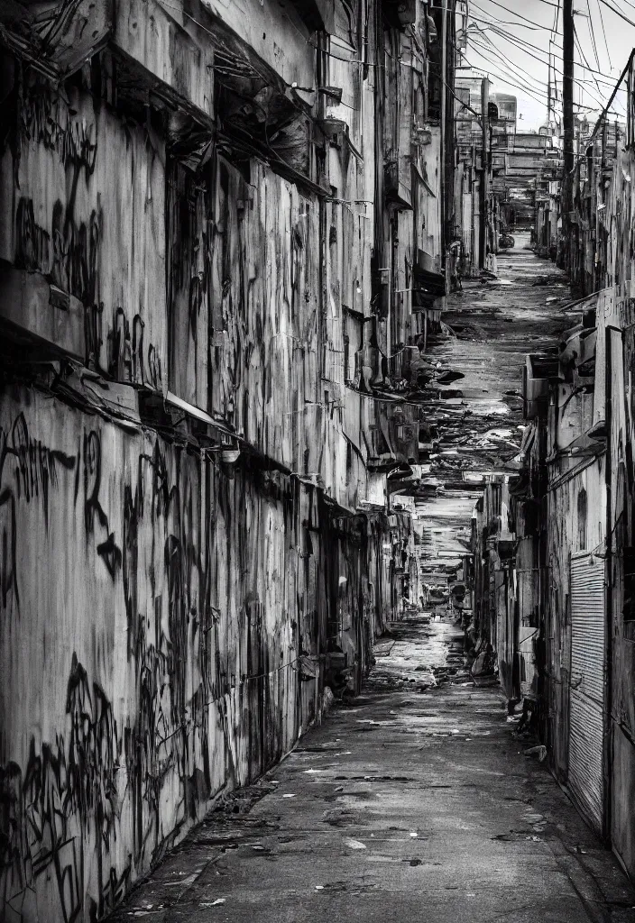 Image similar to looking down a claustrophobic urban alley with dumpsters graffiti and power lines in east vancouver in the style of thomas cole, alphonse mucha, brutalism, hi res, unreal engine, 8 k, ultra - realistic, gritty, 1 0 0 mm, tri - x 4 0 0