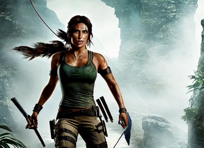 Image similar to film still of!!!! chloe bennett!!! as lara croft in new tomb raider movie, 8 k