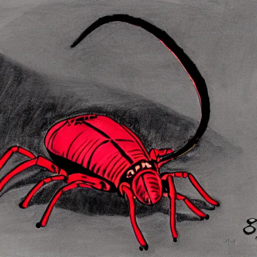 Prompt: black scorpion bug red glowing eyes drawn by Shuichi Shigeno and Michiharu Kusunoki pen ink drawing