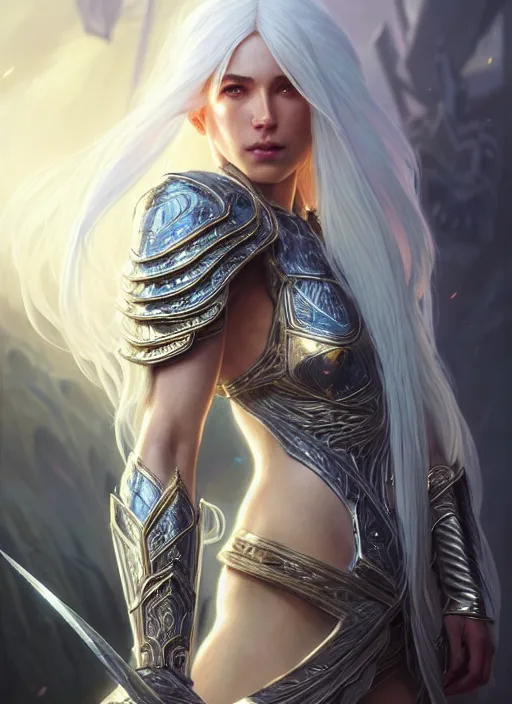 Prompt: light opal armor!!! long wild white hair!! covered chest!!! fantasy, d & d, intricate ornate details, symmetry, concept art, sharp focus, illustration, art by artgerm! greg rutkowski magali villeneuve wlop! ilya kuvshinov!!, octane render, unreal engine 5, highly rendered!!