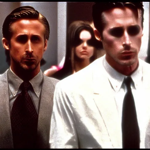 Image similar to ryan gosling clones surrounding christian bale in american psycho ( 1 9 9 9 )