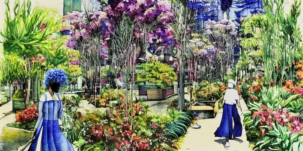 Prompt: masterpiece high contrast watercolor painting of woman walking in an afro futurist pedestrianized eco city block designed by by frank lloyd wright architect, plants and trees on walkways low buildings, green energy, bicycles,, bill sienkiewicz, giant agapanthus flower from buildings wide angle, insanely detailed and intricate