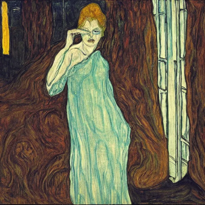 Image similar to woman in transparent vaporous night gown with demonic luminescent white apparition, with city with gothic cathedral seen from a window frame with curtains. nighe, vivid iridescent psychedelic colors, lamps. munch, egon schiele, bosch, bonnard, henri de toulouse - lautrec, utamaro, monet, agnes pelton