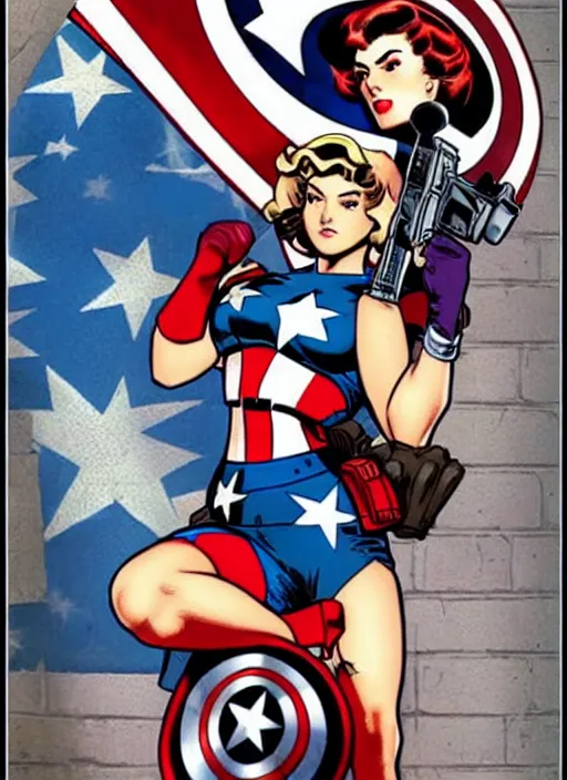 Image similar to syrian female captain america. feminist captain america wins wwii. american wwii propaganda poster by masamune shirow, rob liefeld and pixar. gorgeous face. pin up model. overwatch.