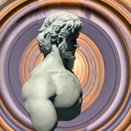 Image similar to 3 d sci - fi cgartist rendering of a hyper realistic marble greek statuary bust floating at the vast pulsating interdimensional fractal space portal at the psychedelic vaporwave event horizon directed by col price, trending on artstation