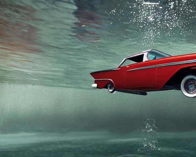 Image similar to red 1 9 5 8 plymouth fury submerged under water, cinematic, photoreal, by red dead redemption 2