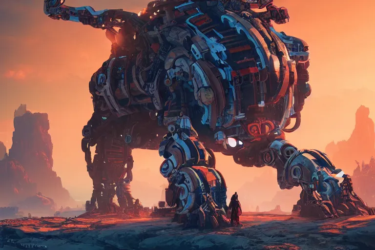 Image similar to rockbreaker machine mecanical creature robot of horizon forbidden west horizon zero dawn radiating a glowing aura global illumination ray tracing hdr fanart arstation by ian pesty and alena aenami artworks in 4 k