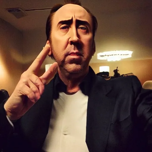 Image similar to nic cage taking a selfish with himself while he holds the phone for himself