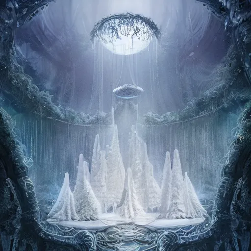 Image similar to under an white intricate like lace epic forest suspended in the air upside down, a white pool with intricate epic circles of water within floating female bio - robots, dressed in intricate veils and jewels, and an intricate mythological underwater city, epic environment, matte painting, diffused lighting, highly detailed, cinematic, epic atmosphere, digital art, trending on artstation, wide angle