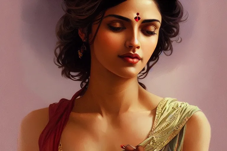 Image similar to sensual pale beautiful indian doctor in jeans, art deco portrait, elegant, intricate, digital painting, artstation, concept art, smooth, sharp focus, illustration, art by artgerm and greg rutkowski and alphonse mucha