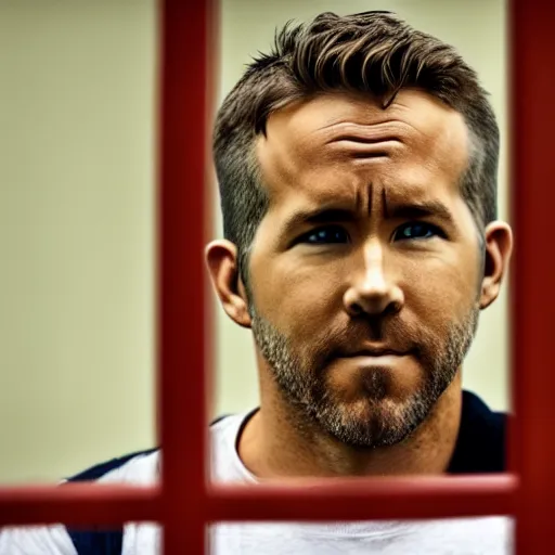 Image similar to Ryan Reynolds in prison uniform behind bars, holding the bars with his hands wanting out, highly detailed, high quality, HD, 4k, 8k, Canon 300mm, professional photographer, 40mp, lifelike, top-rated, award winning, realistic, sharp, no blur, edited, corrected, trending