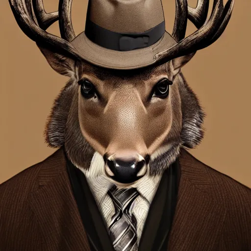 Image similar to a upper body portrait of a deer in a pinstriped suit and pants wearing a fedora with the antlers sticking out of the fedora by artgerm and wlop, human hands adjusting the tie, intricate detail, digital art, photorealistic, trending on artstation